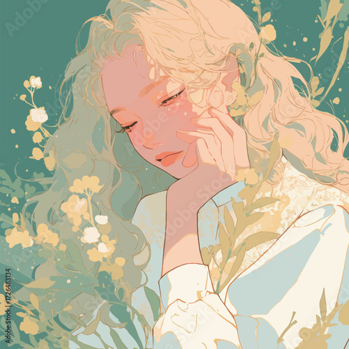 A young woman with curly, blonde hair gently rests her chin on her hand while surrounded by blooming flowers. She looks peaceful and lost in thought.