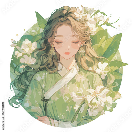 A young woman wearing a green traditional outfit stands amidst blooming flowers in a tranquil garden. Her long hair flows softly as she enjoys the peaceful environment.