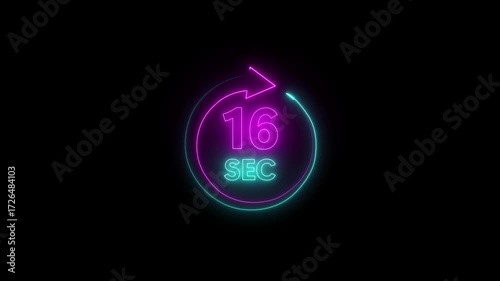 Glowing neon 16 seconds Clock Timer Animation. Stopwatch Icon in Flat Style. on black Background. Time Counter Animation .