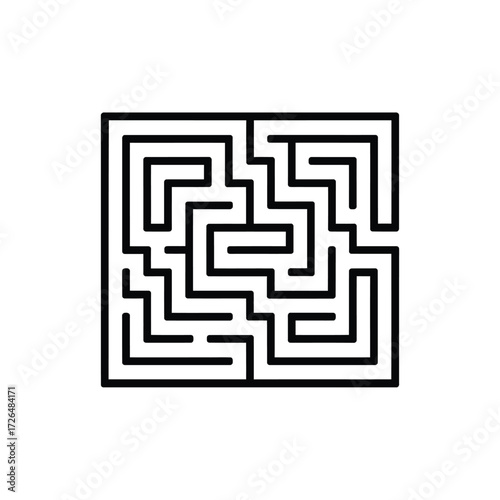 Abstract black and white square maze puzzle with complex pathways and dead ends