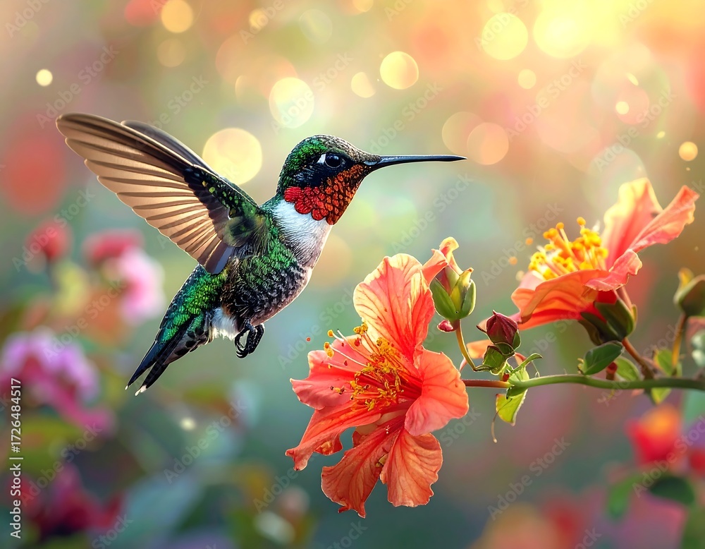 Fototapeta premium A hummingbird in flight near vibrant orange flowers, bokeh background