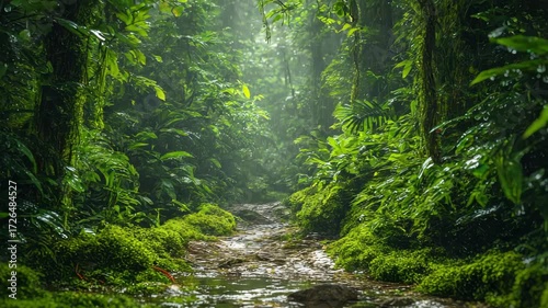 Sun-drenched jungle river flowing through lush greenery, perfect for nature documentaries or travel promotions