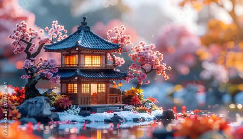 The miniature house features traditional Japanese architecture with snow, maple leaves, flowers, and water, which represent four seasons.