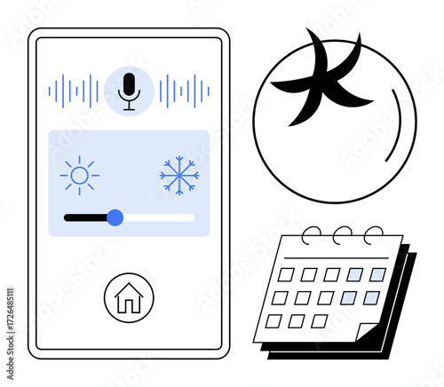 Smartphone interface highlights voice command, temperature slider, calendar, and energy-saving icon. Ideal for smart technology, home automation, control systems, scheduling, energy efficiency IoT