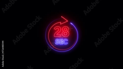 Glowing neon 28 seconds Clock Timer Animation. Stopwatch Icon in Flat Style. on black Background. Time Counter Animation .