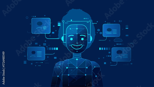 Futuristic AI robot head with connected data streams for modern tech, machine learning, and innovative automation technologies, a scalable vector art