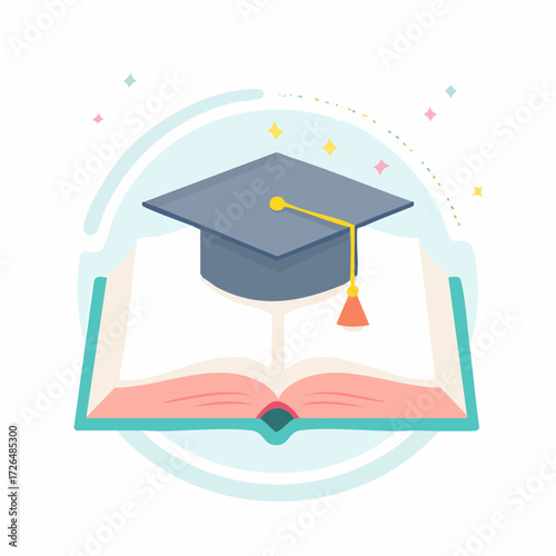 Vector illustration of a graduation cap with a tassel resting on an open book, symbolizing academic achievement and the pursuit of knowledge