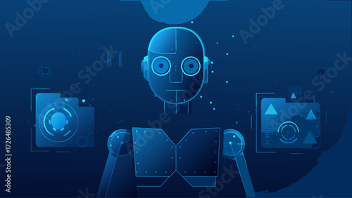 Futuristic robot design with digital interface elements, perfect for tech companies or innovative projects, modern design, ai integration, machine learning