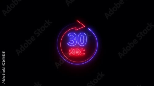 Glowing neon 30 seconds Clock Timer Animation. Stopwatch Icon in Flat Style. on black Background. Time Counter Animation .