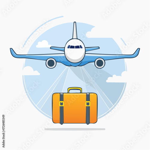 Vector illustration of a passenger airplane flight with a suitcase representing travel, tourism, and vacation concepts
