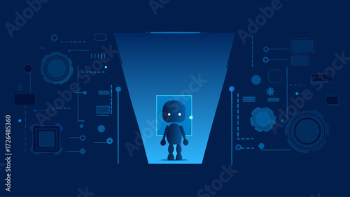 Futuristic robot standing under spotlight, surrounded by tech elements, showcasing artificial intelligence in a modern, scalable graphic concept