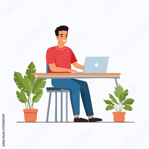 Vector illustration of a young man happily working on his laptop computer at a desk. Modern workspace concept for remote jobs and freelancing
