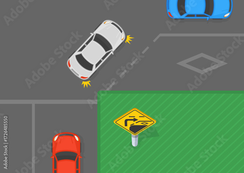 Traffic regulation rules and tips. Canadian "reserved lane crossing" sign area. Top view of a traffic flow turning right at intersection. Flat vector illustration template.