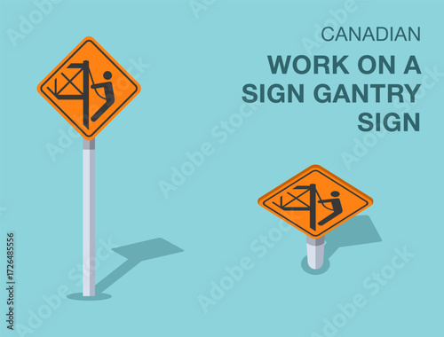 Traffic regulation rules. Isolated canadian "work on a sign gantry" road sign. Front and top view. Flat vector illustration template.