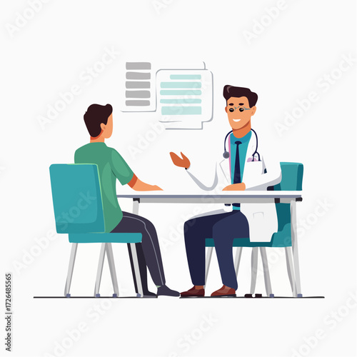A friendly male doctor provides a medical consultation and explains the diagnosis to a patient in a modern clinic office