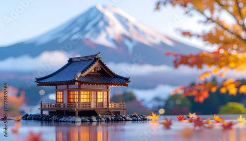 Japanese miniature building, with Mount Fuji in the background. Cherry blossoms, maple leaves, or light snow can be scattered around depending on the summer season.