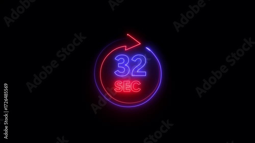 Glowing neon 32 seconds Clock Timer Animation. Stopwatch Icon in Flat Style. on black Background. Time Counter Animation .