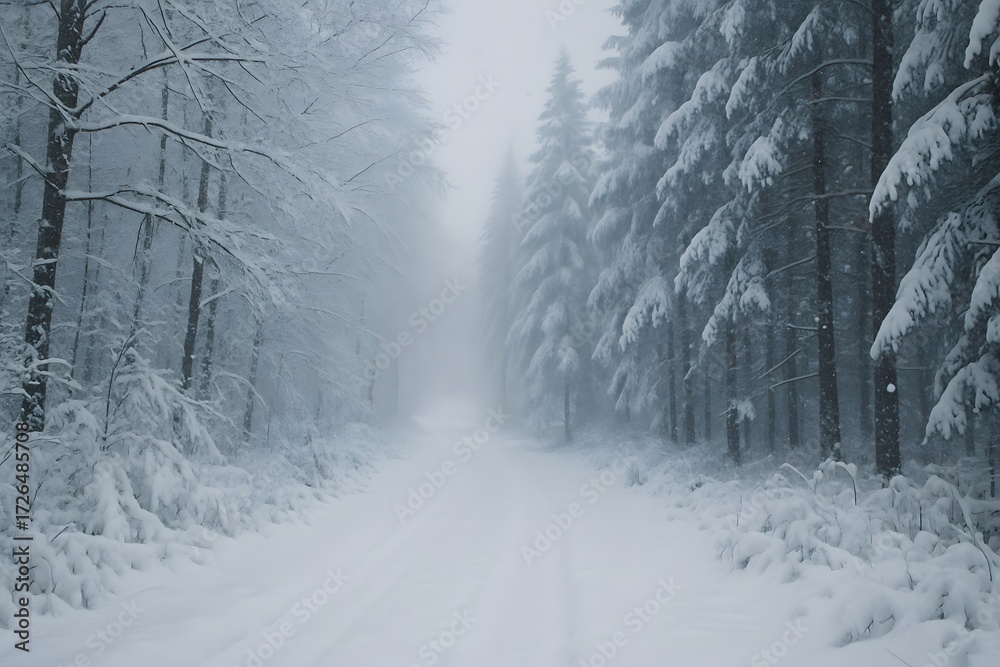 Naklejka premium Snowy Forest Path in Winter Landscape with Snow Covered Trees Cold Atmosphere