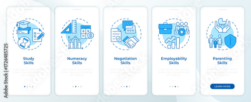 Life skills blue onboarding mobile app screen. Self management improvement. Walkthrough 5 steps editable graphic instructions with linear concepts. UI, UX, GUI. Montserrat SemiBold, Regular fonts used