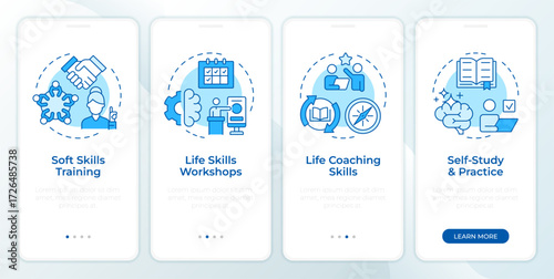 Wallpaper Mural Strategies to improve life skills blue onboarding mobile app screen. Walkthrough 4 steps editable graphic instructions with linear concepts. UI, UX, GUI. Montserrat SemiBold, Regular fonts used Torontodigital.ca