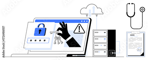 Laptop displaying security elements, cloud, server, medical stethoscope, and documents. Ideal for healthcare, data protection, cybersecurity encryption technology privacy risk management. A