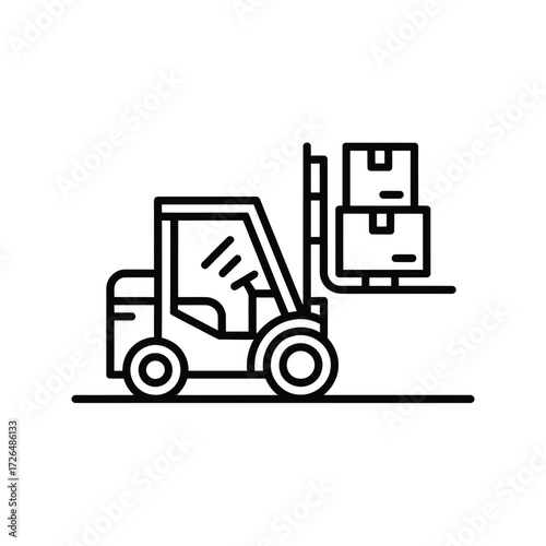 Simple line art icon of a forklift truck lifting boxes in a warehouse