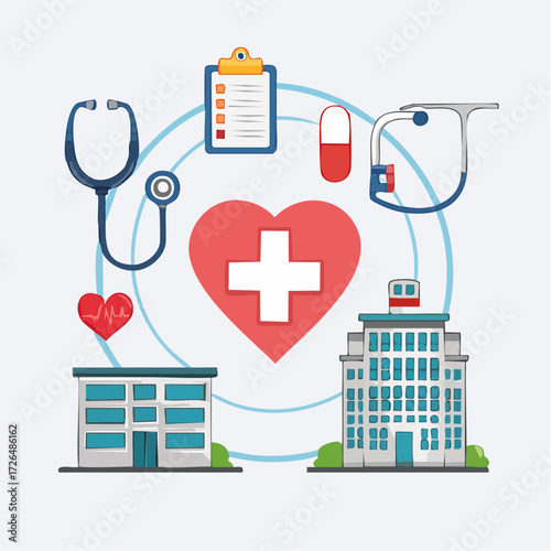 Comprehensive healthcare system concept illustrated with hospital buildings, medical icons, and a central heart symbol for wellness