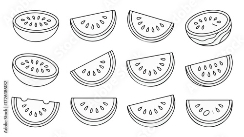 A versatile set of hand-drawn fruit slices in a minimalist outline style, featuring watermelon and kiwi icons perfect for coloring books or healthy food concepts