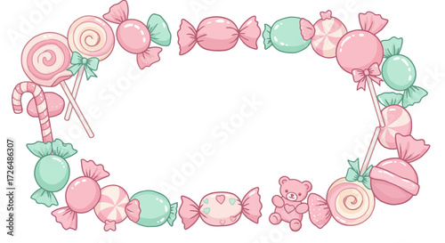 Whimsical candy border with pastel lollipops, wrapped sweets, and a cute teddy bear, perfect for festive designs