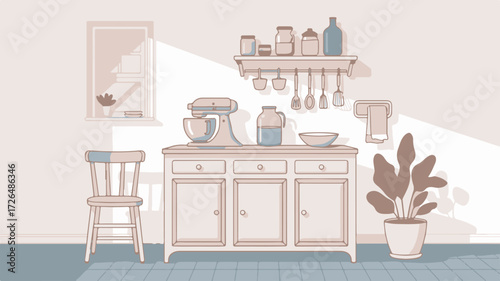 Cozy kitchen interior illustration with vintage charm, featuring a baking station, wooden furniture, and a touch of homey decor