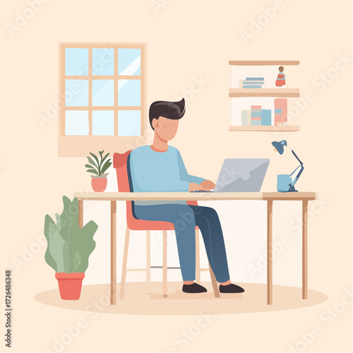 Illustration of a freelancer focused on his laptop in a modern and comfortable home office workspace environment