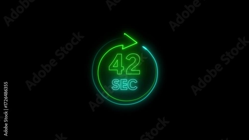 Glowing neon 42 seconds Clock Timer Animation. Stopwatch Icon in Flat Style. on black Background. Time Counter Animation .