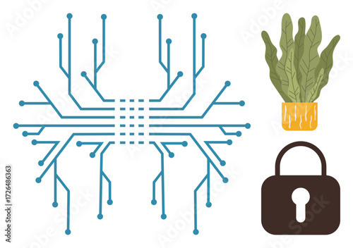 Digital circuit pattern intersecting as a microchip, potted plant symbolizing nature, and a lock for security. Ideal for technology, environment, cybersecurity, sustainability, innovation