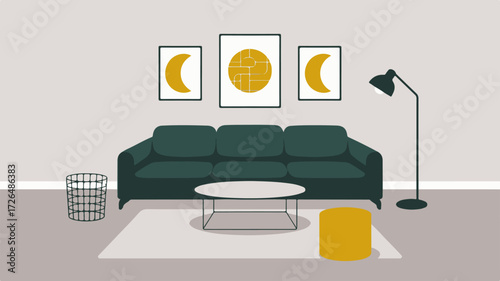 Modern living room with a dark green sofa, minimalist round coffee table, a stylish floor lamp, and celestial-themed artwork on the wall