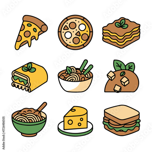 Delicious Food Icons A Vibrant Collection of Pizza, Pasta, Lasagna, and More, Representing a Delightful Culinary Experience