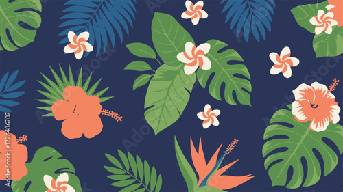 Vibrant Tropical Paradise A Delightful Pattern of Hibiscus, Monstera Leaves, and Exotic Blooms on a Deep Blue Background