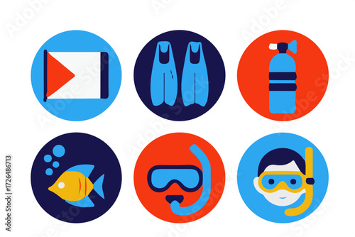 Set of six circular icons representing different aspects of scuba diving and underwater exploration including diving flags, fins, air tanks, fish, masks, and snorkels in a vibrant color scheme