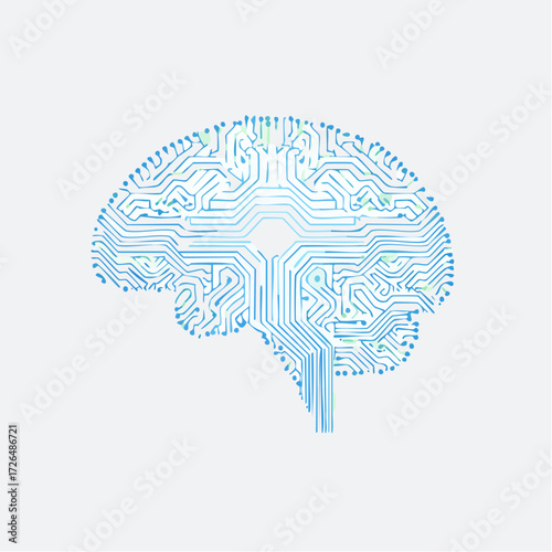 Abstract illustration of a cybernetic brain with a digital circuit board design, representing artificial intelligence and futuristic technology