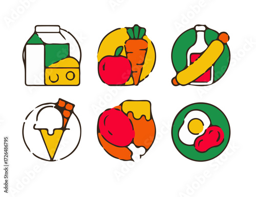 A colorful collection of line art food icons representing diverse grocery categories, illustrating a concept for a healthy, balanced diet and nutrition