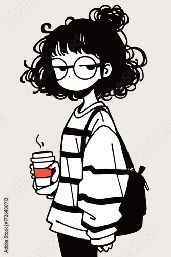 A young individual stands confidently with a warm coffee cup, dressed in a cozy striped sweater and carrying a backpack. The warm atmosphere invites relaxation and comfort.