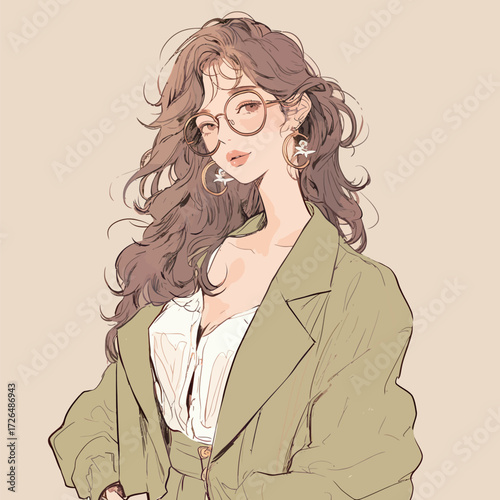 A confident woman stands with an elegant hairstyle and stylish glasses, wearing a chic outfit that highlights her fashion sense. She gazes directly at the viewer with poise.