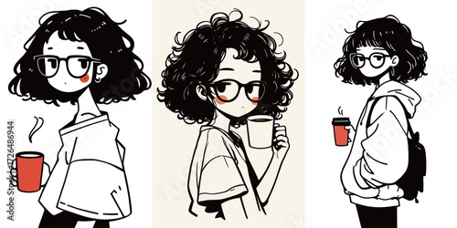 A girl with curly hair and glasses holds a red coffee cup while wearing a comfy hoodie. She stands in a casual atmosphere, enjoying her drink and relaxing.