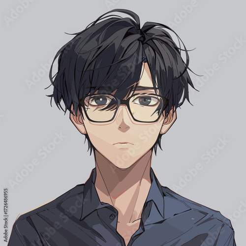 A young man displays a serious expression while wearing stylish glasses and a dark shirt.