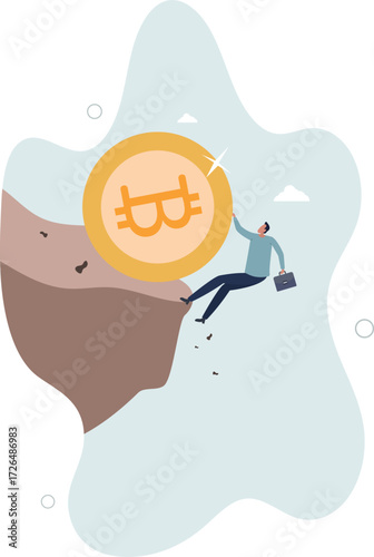 Pushing Bitcoin prevent from price falling down, cryptocurrency risk, fluctuation or volatility, crypto crisis or panic sales concept.life and employment of people.