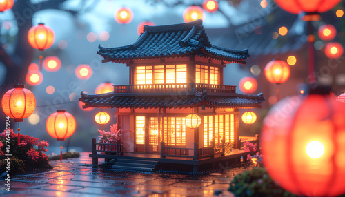 A Japanese miniature building on the dark tabletop background, in a nighttime atmosphere.