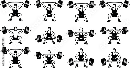 Weightlifting powerlifting olympic lifts diverse poses vector illustration scalable eps icon set