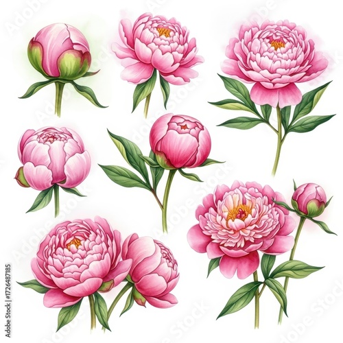 Beautiful pink peony flower collection delicate blooms realistic watercolor style art