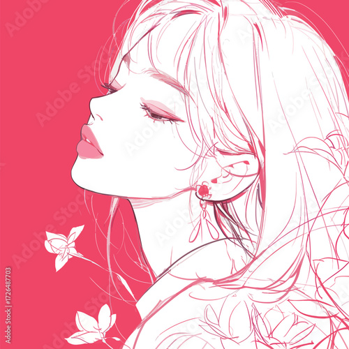 A detailed line drawing features a young woman with long hair and earrings. She is surrounded by floral elements against a bold pink backdrop, expressing tranquility.