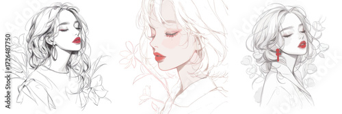 Three illustrations depict women with red lips in different styles. Each figure has a serene expression and is surrounded by elegant floral details, conveying a sense of beauty.
