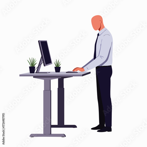 A modern professional maintains good posture and productivity while working at an ergonomic standing desk with a computer and plants.